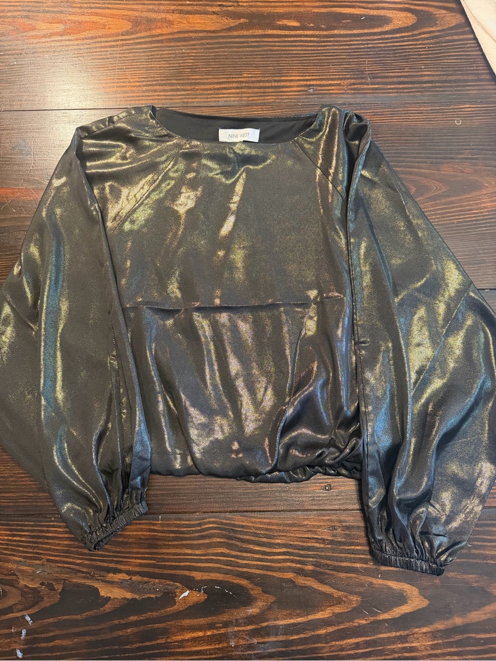 Guess Iridescent Black-Green Long Sleeve Crop Blouse